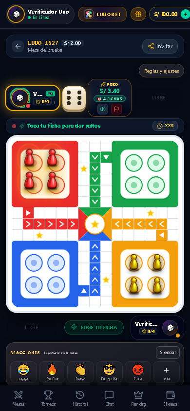 Captura de demostración: tablero de cuatro colores, dado y reacciones de LudoBet Play